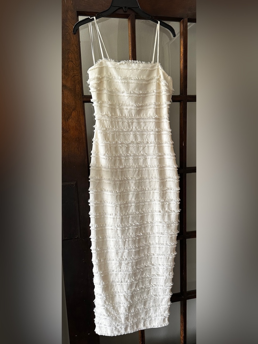 NWT Badgley Mischka White Textured Fringe Midi Dress with Spaghetti Straps